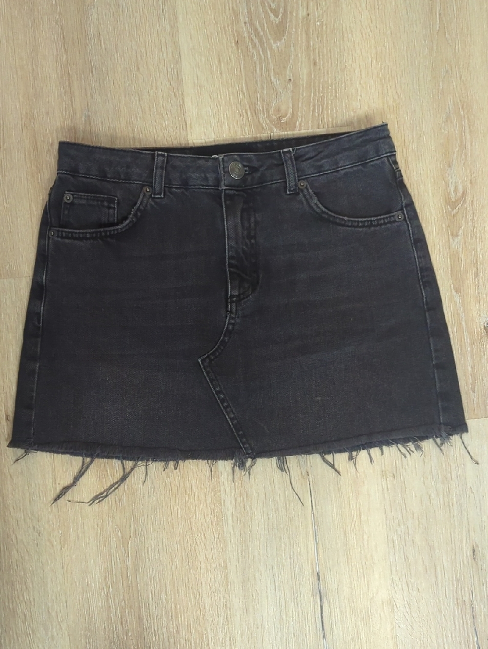 BDG Black Washed Denim Mini Skirt with Frayed Hem